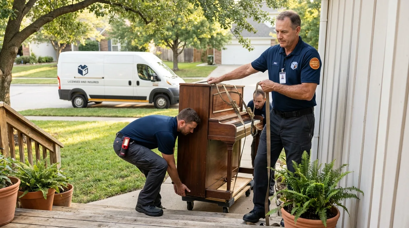 Licensed piano movers securing grand piano in Rochester, WA