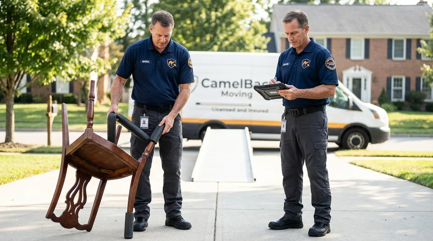 Movers inspecting furniture for damage prevention before loading in Rochester, WA
