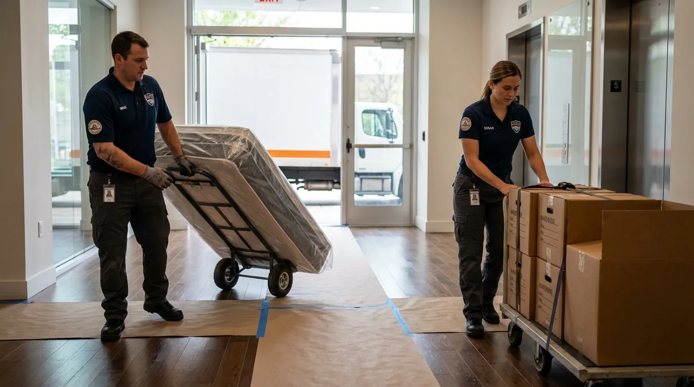 Professional apartment movers loading elevator in Rochester, WA