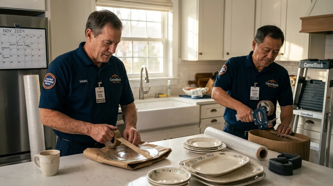 Professional crew packing kitchen dishware in Rochester, WA